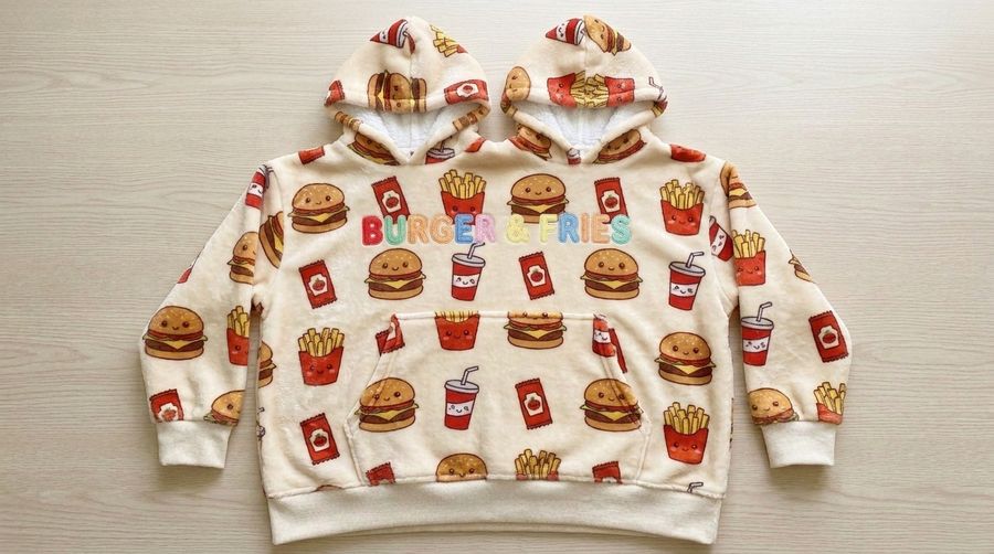 Factory Wholesale Burger & Fries Couple Hoodie Cartoon Plush Flannel Sherpa-Lined Oversized Matching Pullover for Lovers