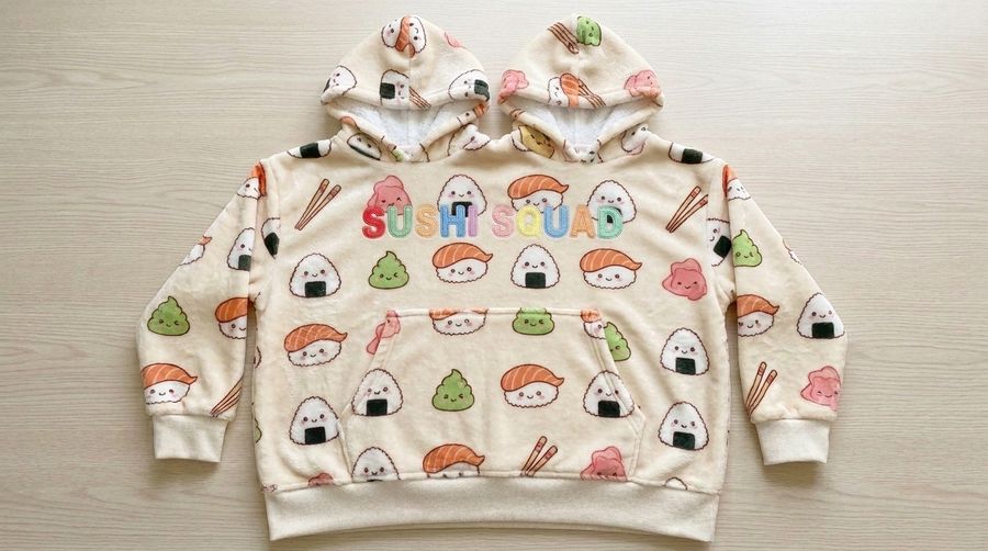 Factory Wholesale Kawaii Sushi Couple Hoodie Cartoon Plush Flannel Sherpa-Lined Oversized Matching Pullover for Lovers
