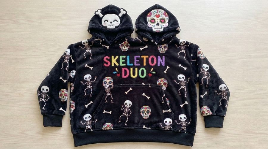 Factory Wholesale Skeleton Duo Black Couple Hoodie Cartoon Plush Flannel Sherpa-Lined Oversized Matching Pullover for Lovers