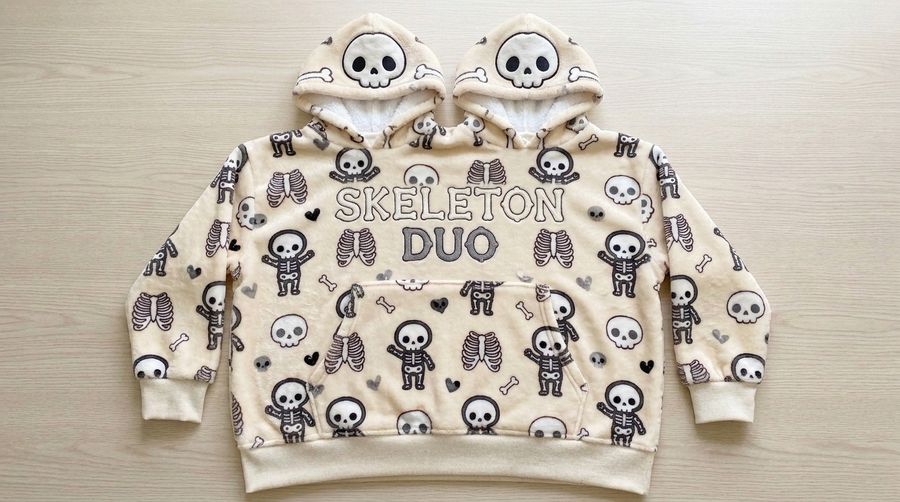 Factory Wholesale Skeleton Duo Cream Couple Hoodie Cartoon Plush Flannel Sherpa-Lined Oversized Matching Pullover for Lovers