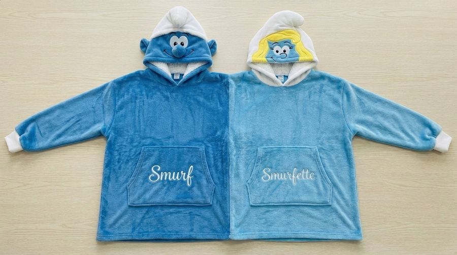 Factory Wholesale Smurf & Smurfette Couple Hoodie Cartoon Plush Flannel Sherpa-Lined Oversized Matching Pullover for Lovers